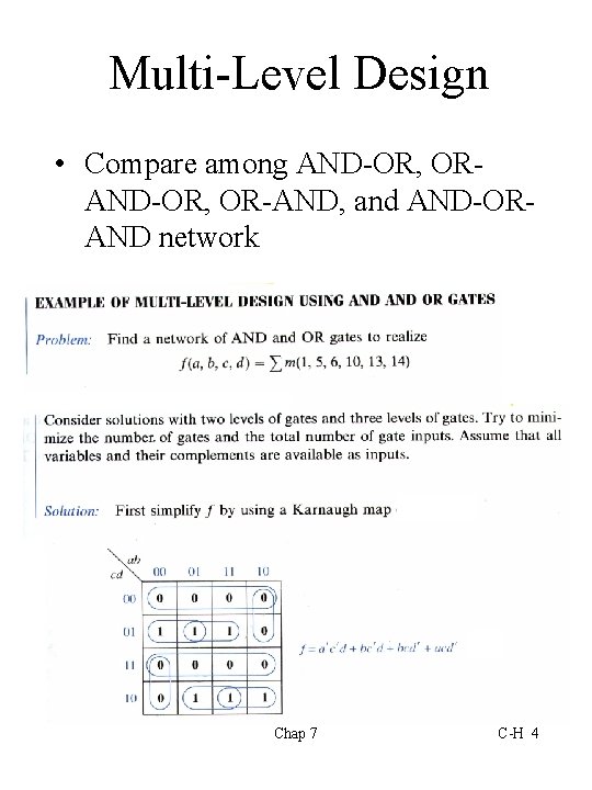 Multi-Level Design • Compare among AND-OR, OR-AND, and AND-ORAND network Chap 7 C-H 4