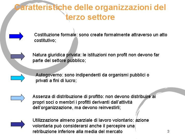 Caratteristiche delle organizzazioni del terzo settore Costituzione formale: sono create formalmente attraverso un atto