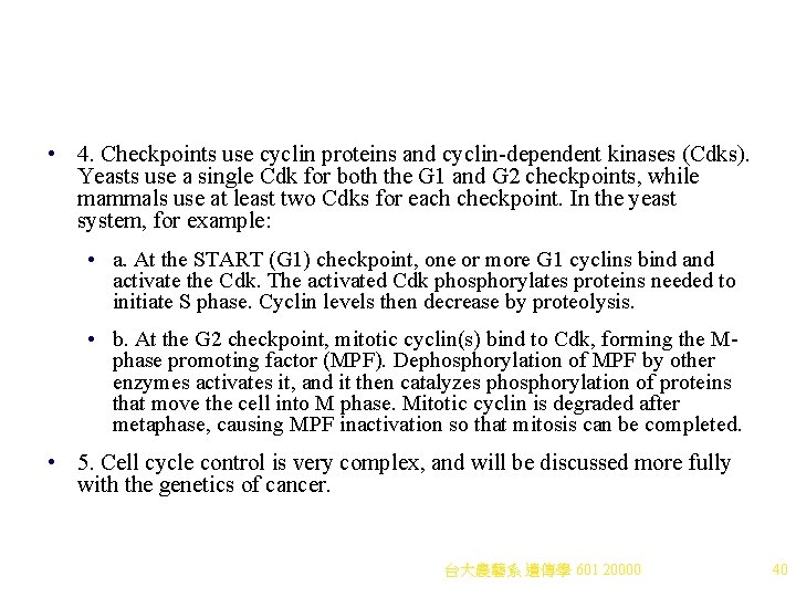 • 4. Checkpoints use cyclin proteins and cyclin-dependent kinases (Cdks). Yeasts use a • 4. Checkpoints use cyclin proteins and cyclin-dependent kinases (Cdks). Yeasts use a