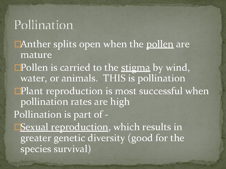 Pollination �Anther splits open when the pollen are mature �Pollen is carried to the