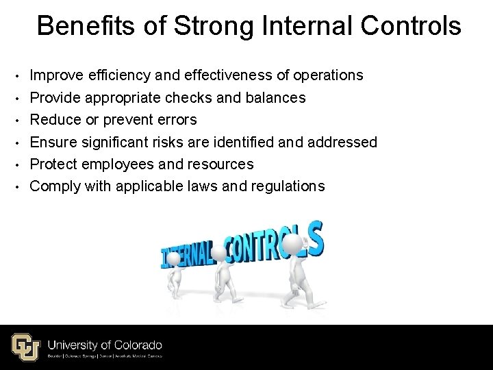 Benefits of Strong Internal Controls • • • Improve efficiency and effectiveness of operations Benefits of Strong Internal Controls • • • Improve efficiency and effectiveness of operations