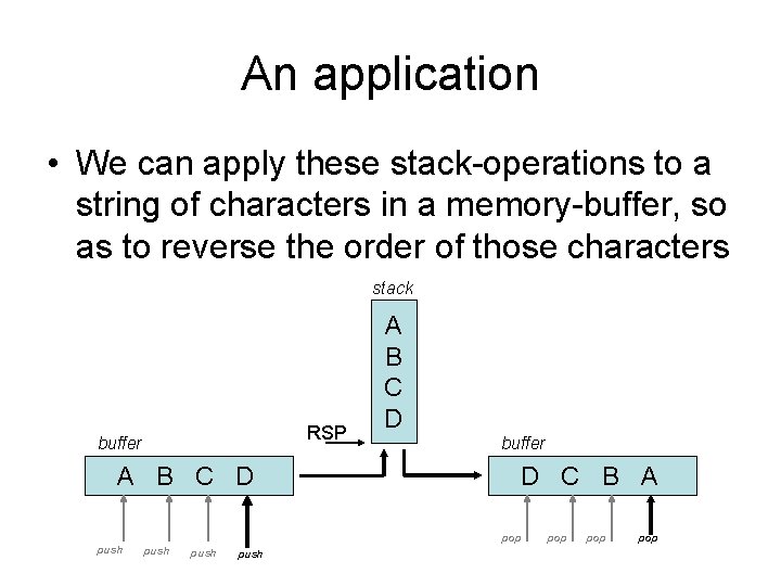 An application • We can apply these stack-operations to a string of characters in