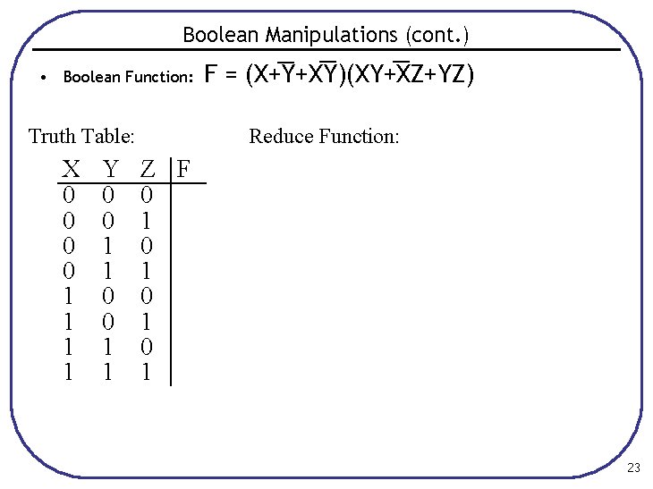 Boolean Manipulations (cont. ) • Boolean Function: Truth Table: X 0 0 1 1