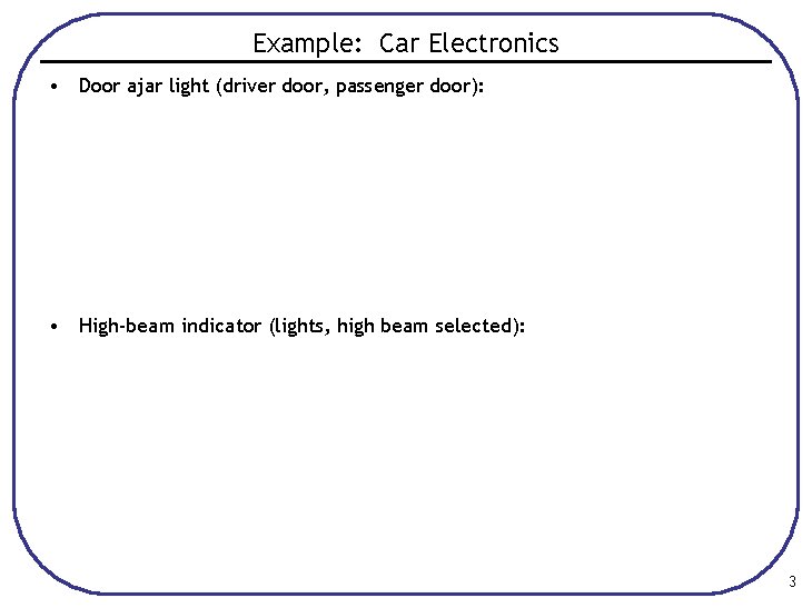 Example: Car Electronics • Door ajar light (driver door, passenger door): • High-beam indicator