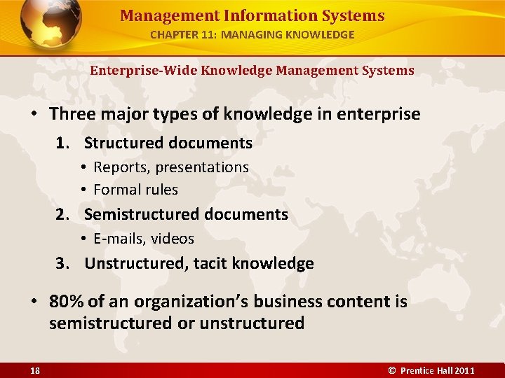 Management Information Systems CHAPTER 11: MANAGING KNOWLEDGE Enterprise-Wide Knowledge Management Systems • Three major