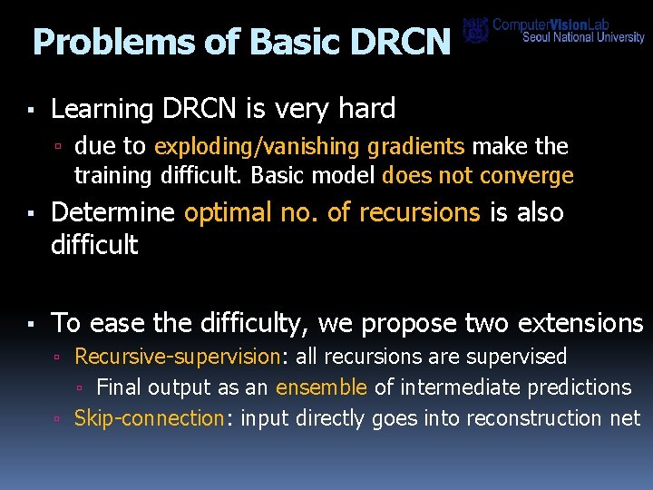 Problems of Basic DRCN ▪ Learning DRCN is very hard ▫ due to exploding/vanishing