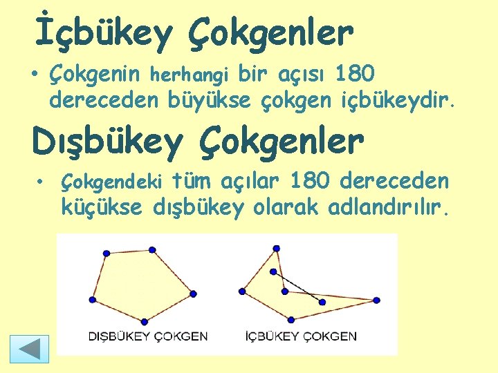 İçbükey Çokgenler • Çokgenin herhangi bir açısı 180 dereceden büyükse çokgen içbükeydir. Dışbükey Çokgenler