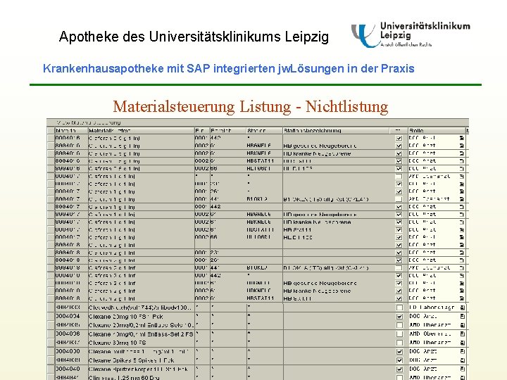 Apotheke des Universitätsklinikums Leipzig Krankenhausapotheke mit SAP integrierten jw. Lösungen in der Praxis Materialsteuerung