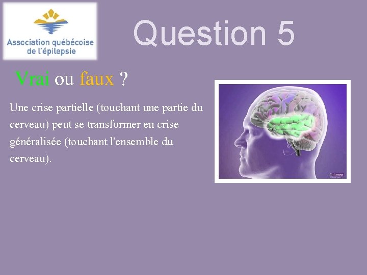 Question 5 Vrai ou faux ? Une crise partielle (touchant une partie du cerveau)