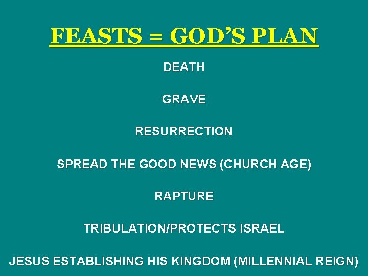 FEASTS = GOD’S PLAN DEATH GRAVE RESURRECTION SPREAD THE GOOD NEWS (CHURCH AGE) RAPTURE