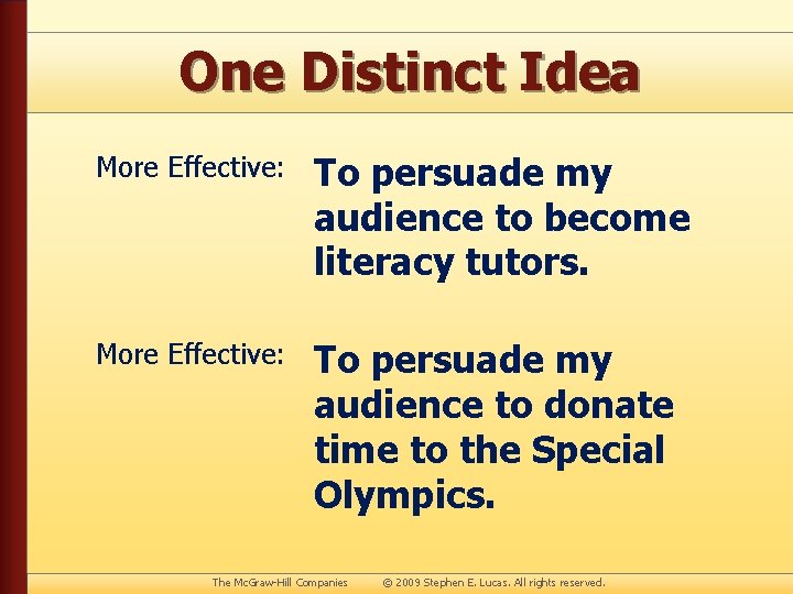 One Distinct Idea More Effective: To persuade my audience to become literacy tutors. More
