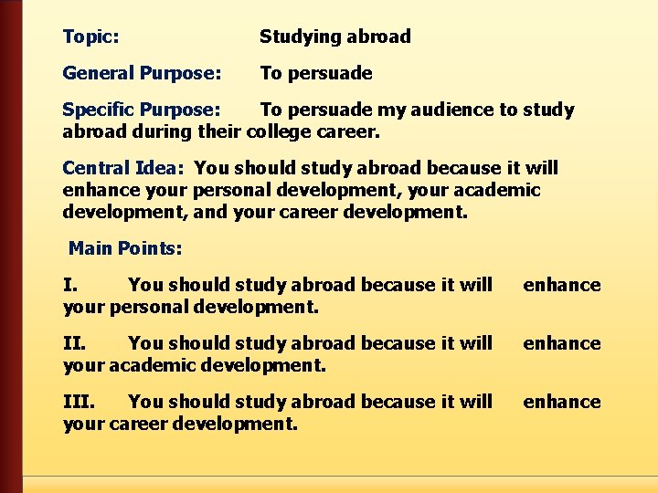 Topic: Studying abroad General Purpose: To persuade Specific Purpose: To persuade my audience to