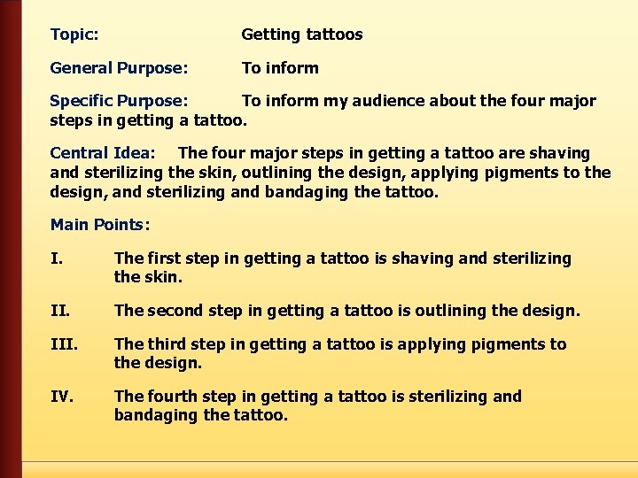Topic: Getting tattoos General Purpose: To inform Specific Purpose: To inform my audience about
