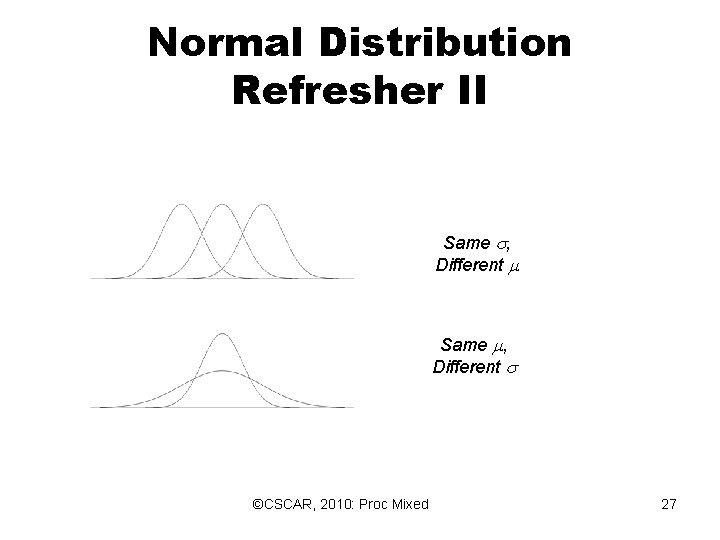 Normal Distribution Refresher II Same , Different ©CSCAR, 2010: Proc Mixed 27 Normal Distribution Refresher II Same , Different ©CSCAR, 2010: Proc Mixed 27