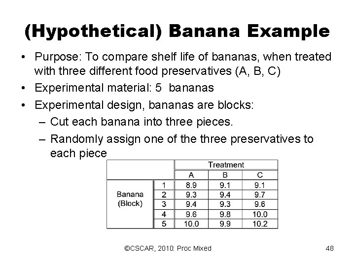 (Hypothetical) Banana Example • Purpose: To compare shelf life of bananas, when treated with (Hypothetical) Banana Example • Purpose: To compare shelf life of bananas, when treated with