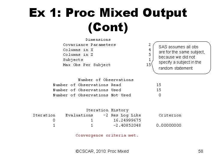 Ex 1: Proc Mixed Output (Cont) Dimensions Covariance Parameters 2 Columns in X 4 Ex 1: Proc Mixed Output (Cont) Dimensions Covariance Parameters 2 Columns in X 4