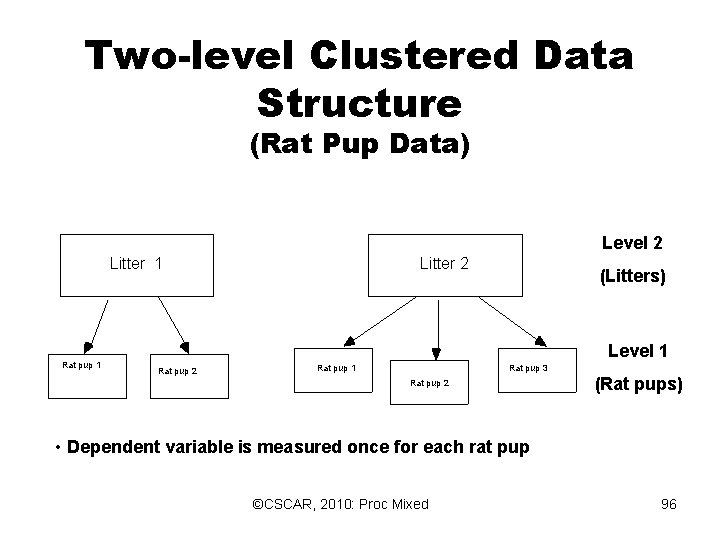 Two-level Clustered Data Structure (Rat Pup Data) Level 2 Litter 1 Rat pup 2 Two-level Clustered Data Structure (Rat Pup Data) Level 2 Litter 1 Rat pup 2
