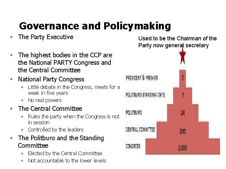 Governance and Policymaking § The Party Executive § The highest bodies in the CCP