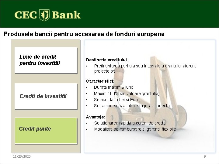 Produsele bancii pentru accesarea de fonduri europene Linie de credit pentru investitii Credit de