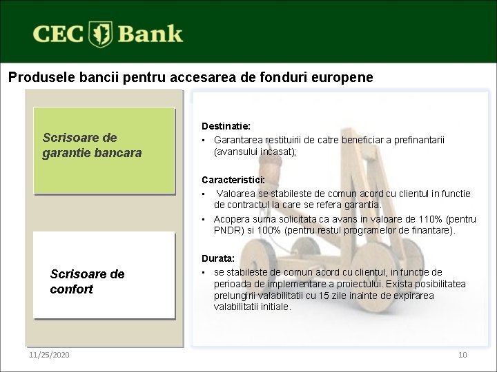 Produsele bancii pentru accesarea de fonduri europene Scrisoare de garantie bancara Destinatie: • Garantarea