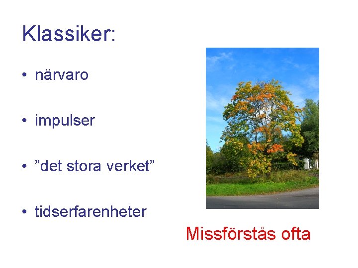 Klassiker: • närvaro • impulser • ”det stora verket” • tidserfarenheter Missförstås ofta 