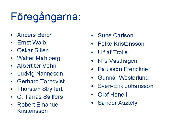 Föregångarna: • • • Anders Berch Ernst Walb Oskar Sillén Walter Mahlberg Albert ter