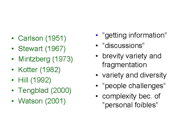  • • Carlson (1951) Stewart (1967) Mintzberg (1973) Kotter (1982) Hill (1992) Tengblad