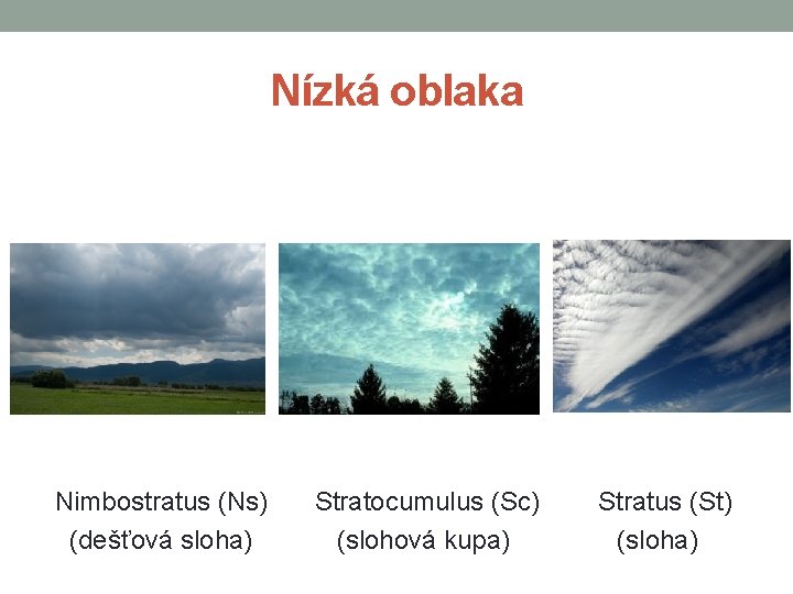 Nízká oblaka Nimbostratus (Ns) Stratocumulus (Sc) Stratus (St) (dešťová sloha) (slohová kupa) (sloha) 