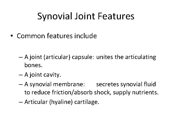 Synovial Joint Features • Common features include – A joint (articular) capsule: unites the