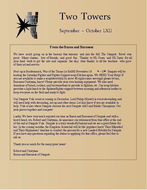 Two Towers September – October LXII From the Baron and Baroness We have much