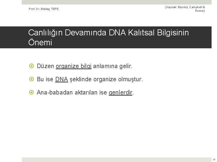 Prof. Dr. Bektaş TEPE (Kaynak: Biyoloji, Campbell & Reece) Canlılığın Devamında DNA Kalıtsal Bilgisinin
