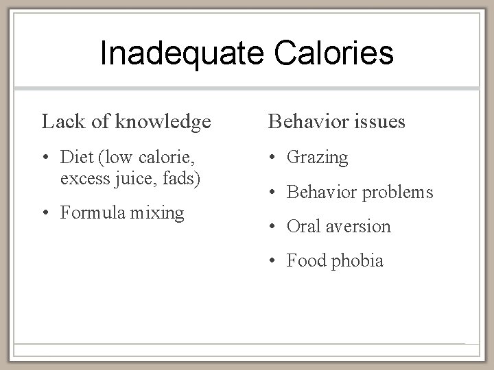 Inadequate Calories Lack of knowledge Behavior issues • Diet (low calorie, excess juice, fads)