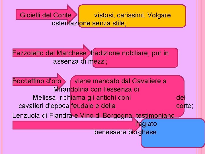 Gioielli del Conte: vistosi, carissimi. Volgare ostentazione senza stile; Fazzoletto del Marchese: tradizione nobiliare,