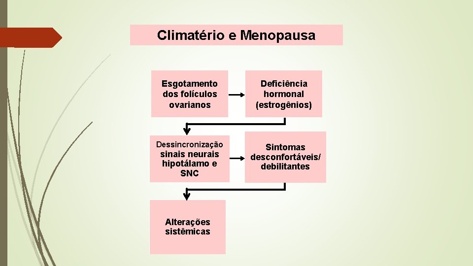 Climatério e Menopausa Esgotamento dos folículos ovarianos Dessincronização sinais neurais hipotálamo e SNC Alterações