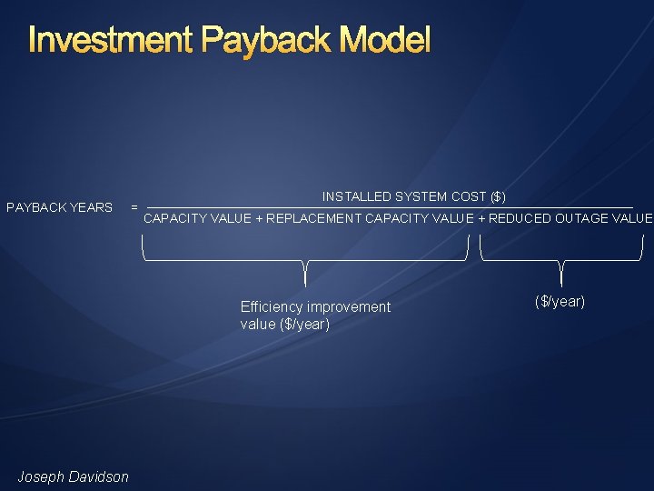Investment Payback Model PAYBACK YEARS = INSTALLED SYSTEM COST ($) CAPACITY VALUE + REPLACEMENT