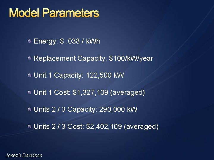 Model Parameters Energy: $. 038 / k. Wh Replacement Capacity: $100/k. W/year Unit 1