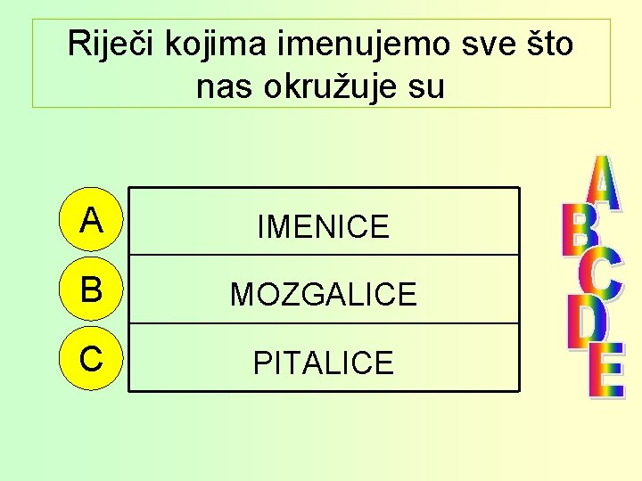 Riječi kojima imenujemo sve što nas okružuje su A IMENICE B MOZGALICE C PITALICE