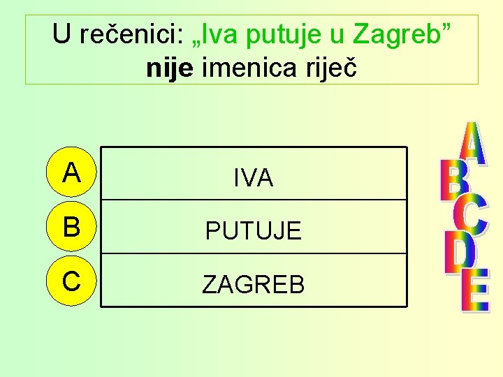 U rečenici: „Iva putuje u Zagreb” nije imenica riječ A IVA B PUTUJE C