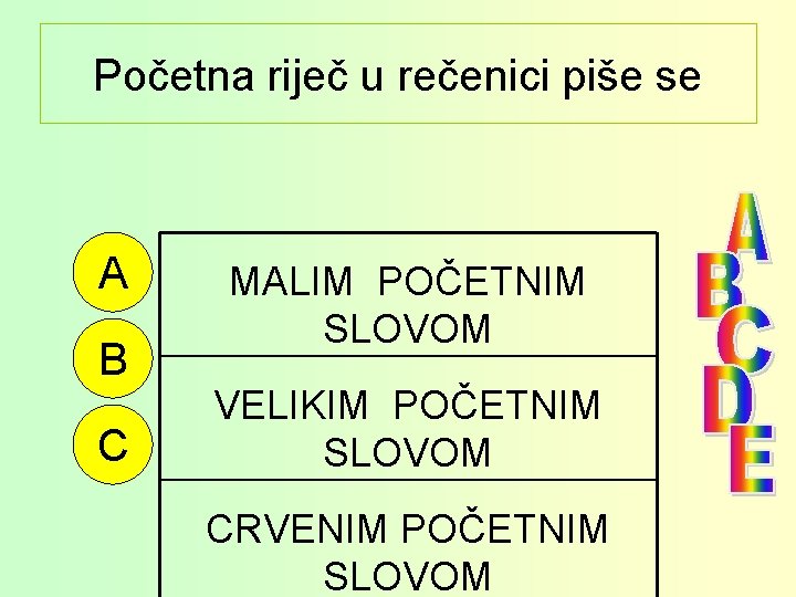 Početna riječ u rečenici piše se A B C MALIM POČETNIM SLOVOM VELIKIM POČETNIM