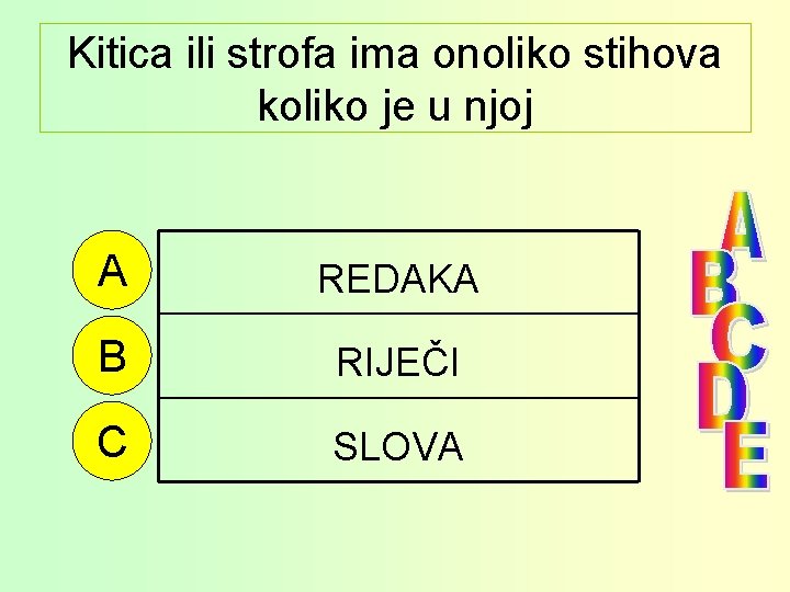 Kitica ili strofa ima onoliko stihova koliko je u njoj A REDAKA B RIJEČI