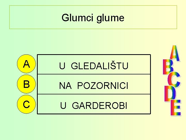 Glumci glume A U GLEDALIŠTU B NA POZORNICI C U GARDEROBI 