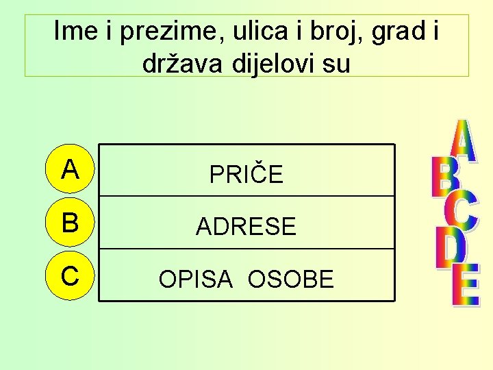 Ime i prezime, ulica i broj, grad i država dijelovi su A PRIČE B