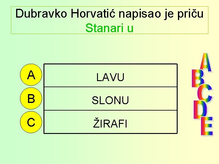 Dubravko Horvatić napisao je priču Stanari u A LAVU B SLONU C ŽIRAFI 