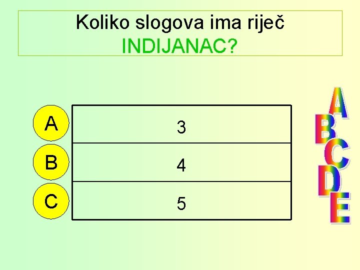 Koliko slogova ima riječ INDIJANAC? A 3 B 4 C 5 