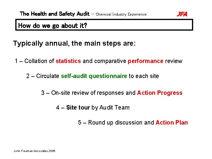 The Health and Safety Audit – Chemical Industry Experience JFA How do we go The Health and Safety Audit – Chemical Industry Experience JFA How do we go