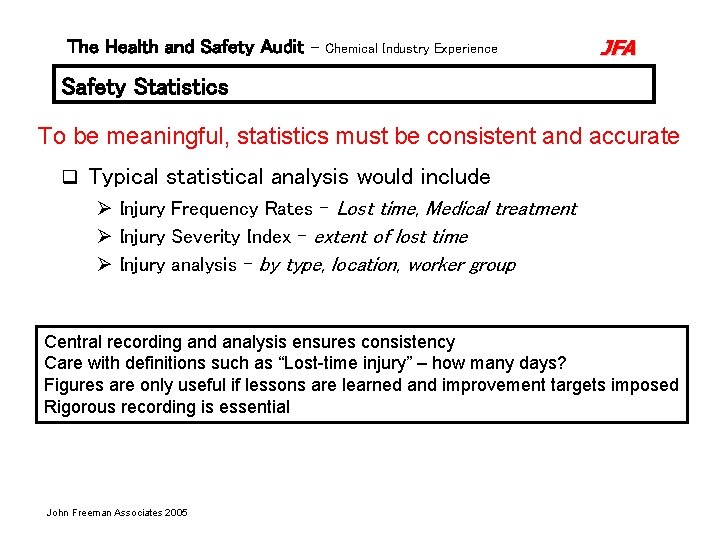 The Health and Safety Audit – Chemical Industry Experience JFA Safety Statistics To be The Health and Safety Audit – Chemical Industry Experience JFA Safety Statistics To be