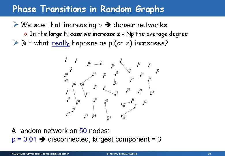 Phase Transitions in Random Graphs Ø We saw that increasing p denser networks v Phase Transitions in Random Graphs Ø We saw that increasing p denser networks v
