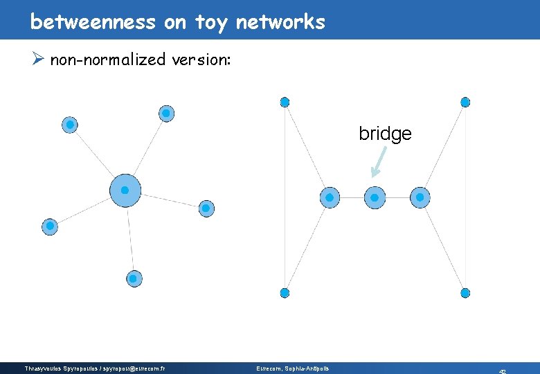 betweenness on toy networks Ø non-normalized version: bridge Thrasyvoulos Spyropoulos / spyropou@eurecom. fr Eurecom, betweenness on toy networks Ø non-normalized version: bridge Thrasyvoulos Spyropoulos / spyropou@eurecom. fr Eurecom,