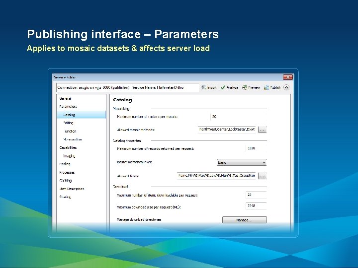 Publishing interface – Parameters Applies to mosaic datasets & affects server load 