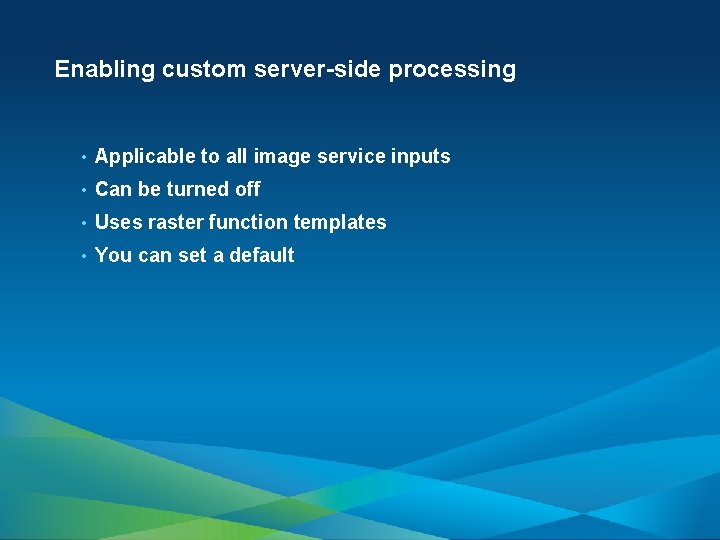 Enabling custom server-side processing • Applicable to all image service inputs • Can be